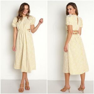 Anthropologie En Saison Gingham Floral Yellow Kanika Puff Sleeve Midi Dress L